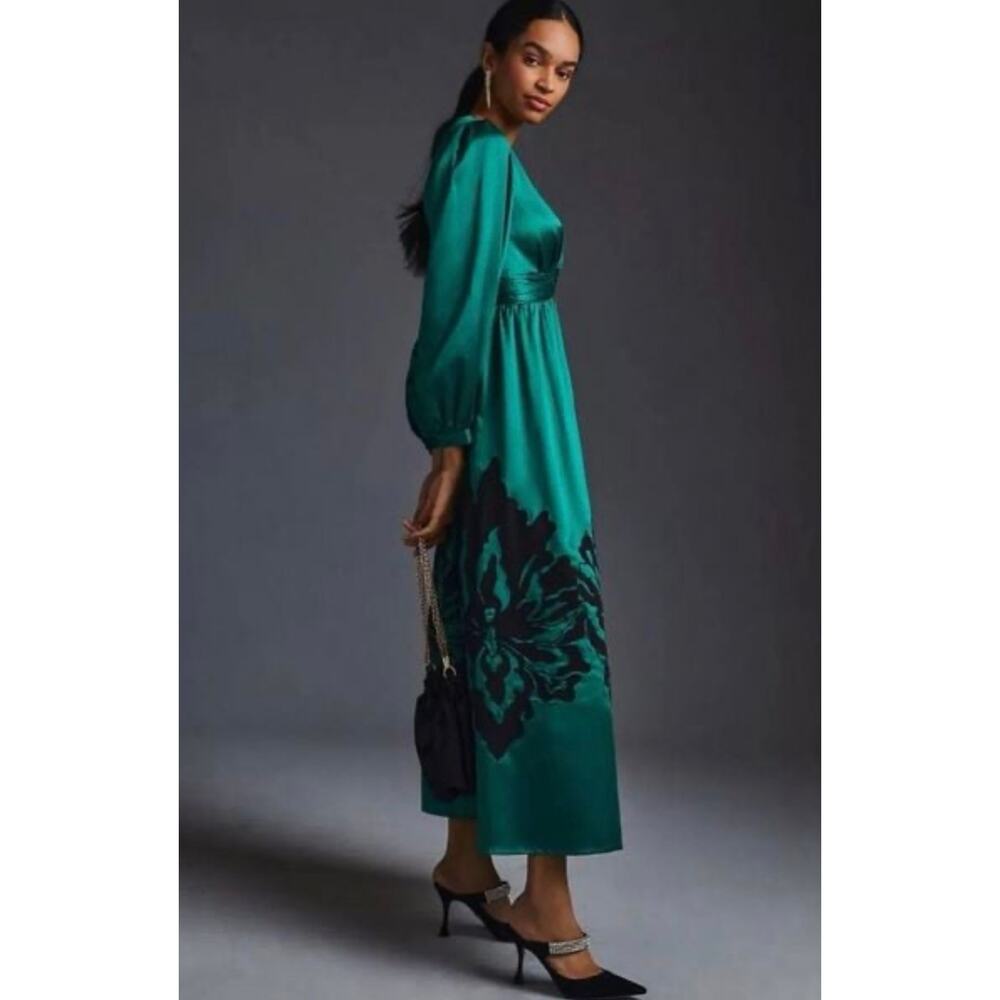 Anthropologie x Nikasha Embroidered Satin Maxi Dress Emerald Green Size Medium - Picture 4 of 12
